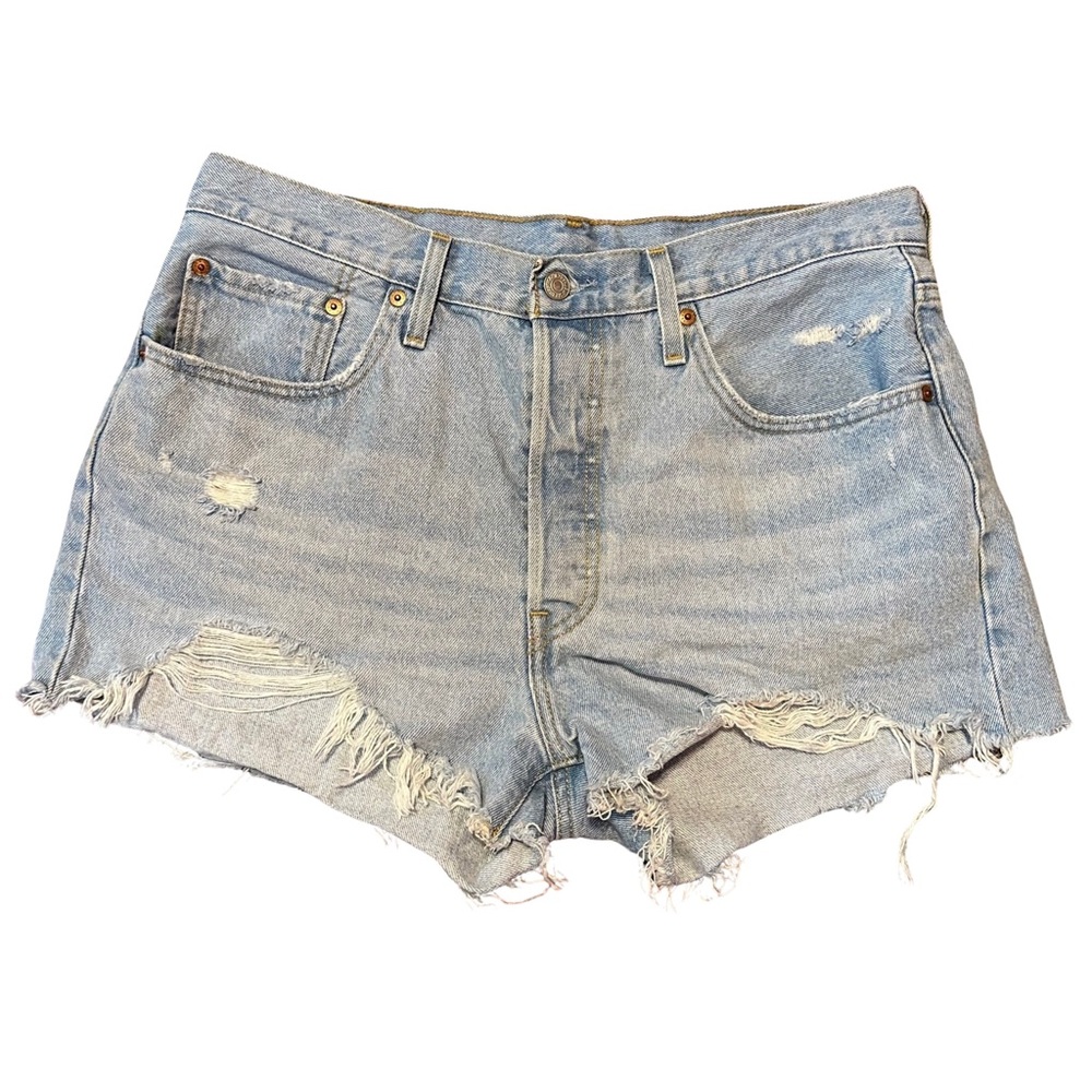 Levi’s 501 Super High Waist Button Fly Light Wash Distressed Short Denim Shorts